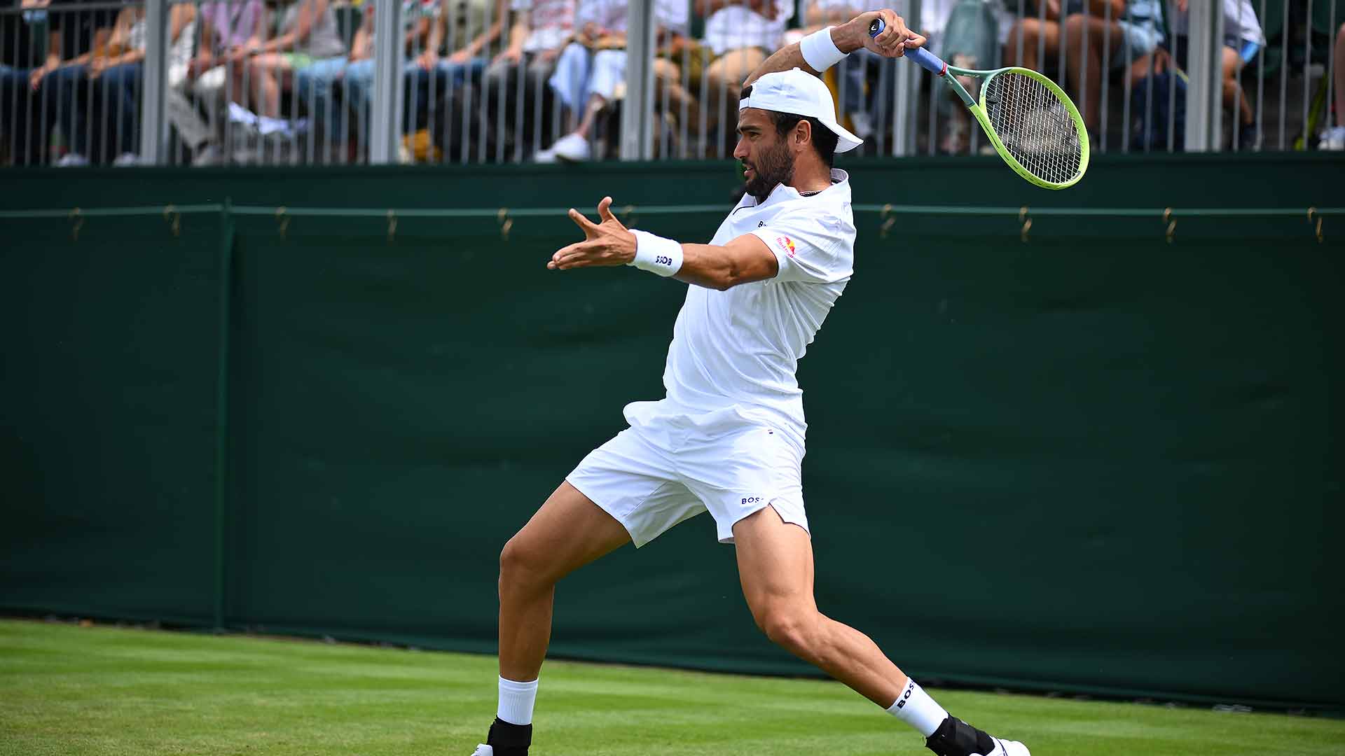 <a href='https://wwwx.atptour.com/en/players/matteo-berrettini/bk40/overview'>Matteo Berrettini</a> in first-round action at <a href='https://wwwx.atptour.com/en/tournaments/wimbledon/540/overview'>Wimbledon</a>.