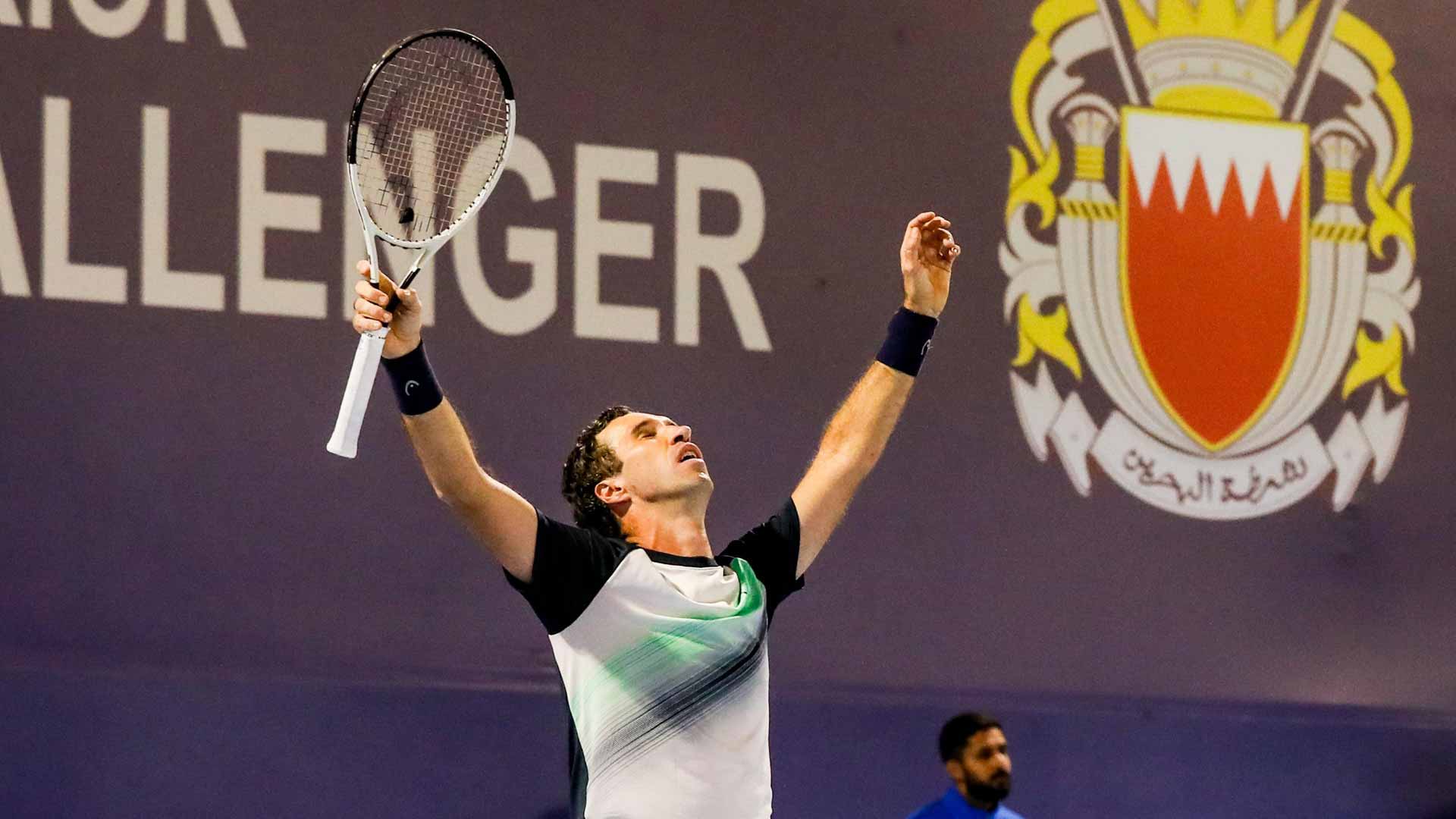 <a href='https://wwwx.atptour.com/en/players/mikhail-kukushkin/k926/overview'>Mikhail Kukushkin</a> celebrates winning the Manama Challenger.