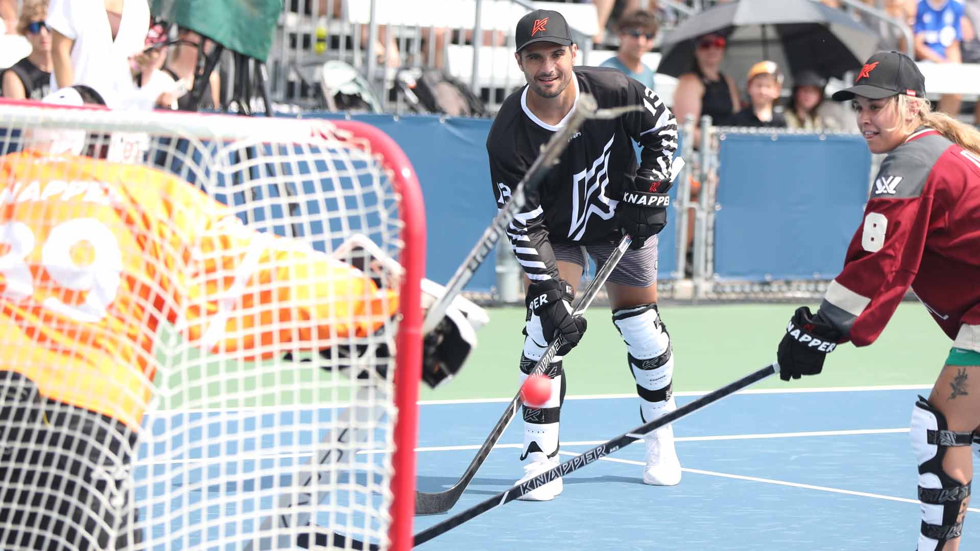 <a href='https://wwwx.atptour.com/en/players/marcos-giron/gc88/overview'>Marcos Giron</a> plays ball hockey Saturday in Montreal.