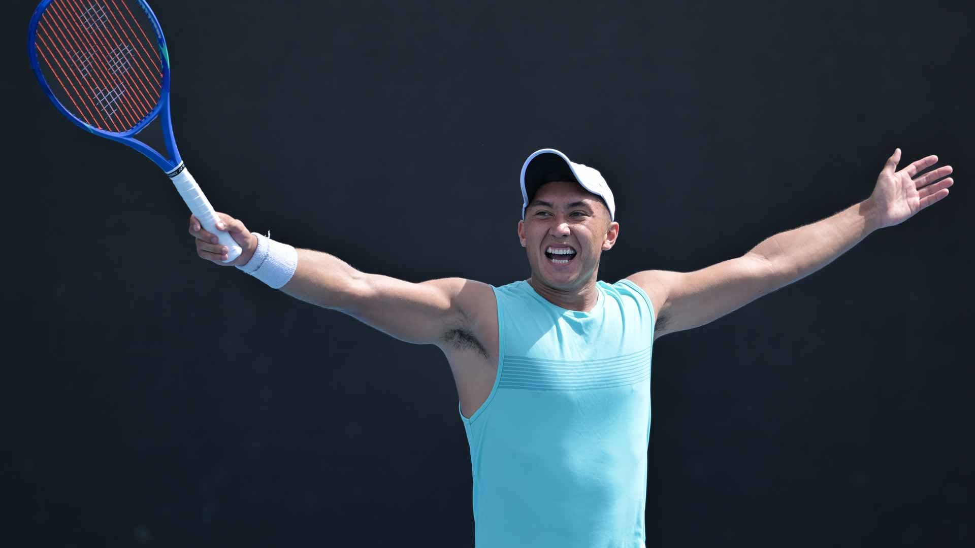 <a href='https://wwwx.atptour.com/en/players/james-mccabe/m0oq/overview'>James McCabe</a> celebrates after his first-round win at the <a href='https://wwwx.atptour.com/en/tournaments/australian-open/580/overview'>Australian Open</a> on Monday.